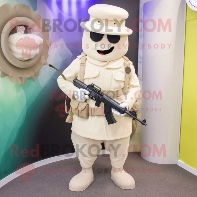 Cream Sniper mascot costume character dressed with a Vest and Rings