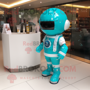 Turquoise Astronaut mascot costume character dressed with a Cocktail Dress and Keychains