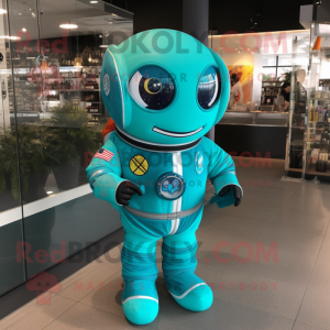 Turquoise Astronaut mascot costume character dressed with a Cocktail Dress and Keychains