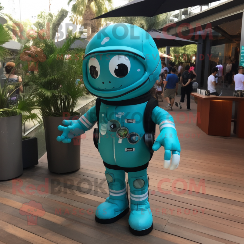 Turquoise Astronaut mascot costume character dressed with a Cocktail Dress and Keychains