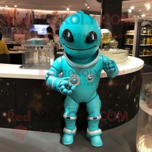 Turquoise Astronaut mascot costume character dressed with a Cocktail Dress and Keychains