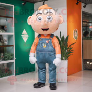 Peach Irish Flag mascot costume character dressed with a Denim Shirt and Suspenders