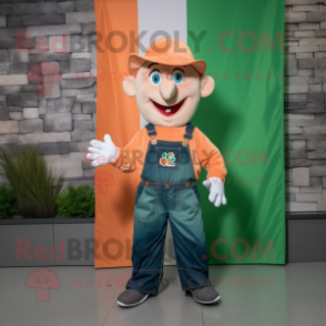 Peach Irish Flag mascot costume character dressed with a Denim Shirt and Suspenders