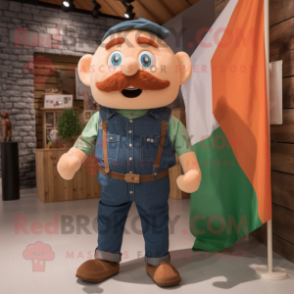 Peach Irish Flag mascot costume character dressed with a Denim Shirt and Suspenders