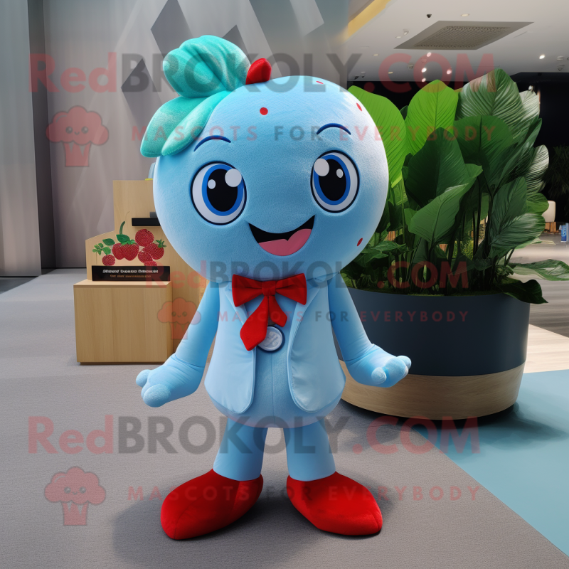 Sky Blue Strawberry mascot costume character dressed with a Playsuit and Bow ties Sky Blue Strawberry mascot costume character dressed with a Playsuit and Bow ties