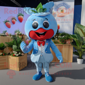 Sky Blue Strawberry mascot costume character dressed with a Playsuit and Bow ties