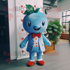 Sky Blue Strawberry mascot costume character dressed with a Playsuit and Bow ties