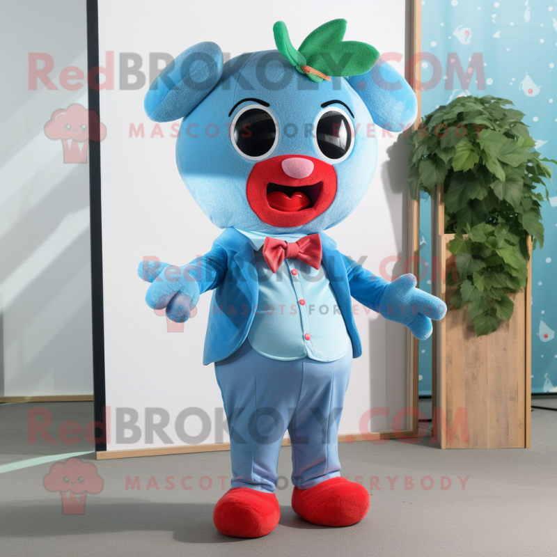Sky Blue Strawberry mascot costume character dressed with a Playsuit and Bow ties Sky Blue Strawberry mascot costume character dressed with a Playsuit and Bow ties