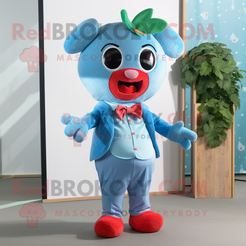 Sky Blue Strawberry mascot costume character dressed with a Playsuit and Bow ties