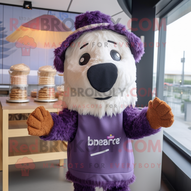 Purple Shepard'S Pie mascot costume character dressed with a Blouse and Beanies