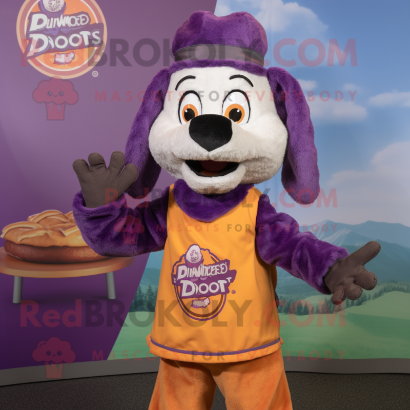 Purple Shepard'S Pie mascot costume character dressed with a Blouse and Beanies Purple Shepard'S Pie mascot costume character dressed with a Blouse and Beanies