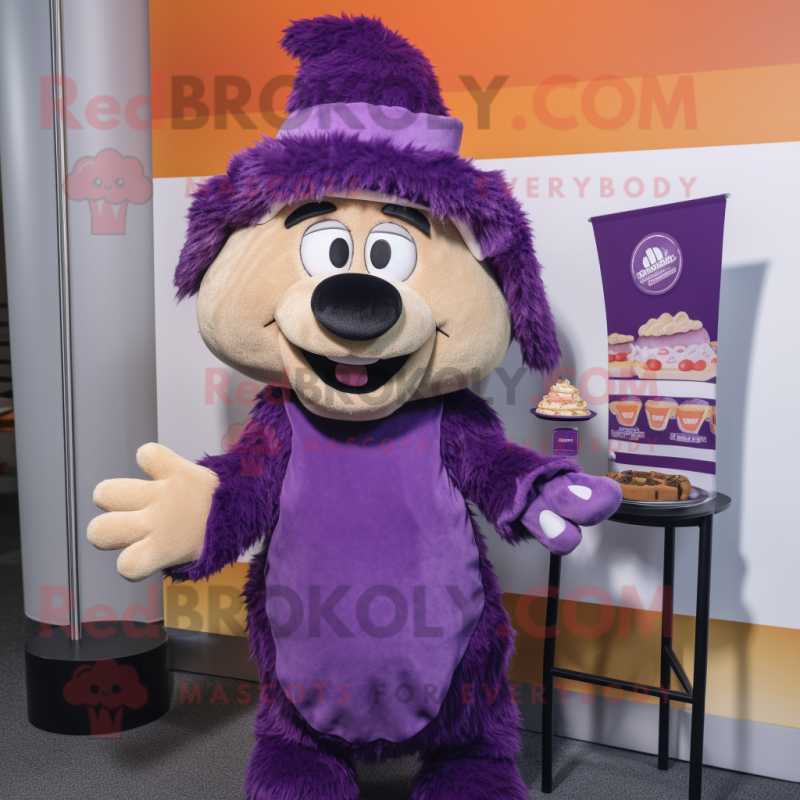 Purple Shepard'S Pie mascot costume character dressed with a Blouse and Beanies Purple Shepard'S Pie mascot costume character dressed with a Blouse and Beanies