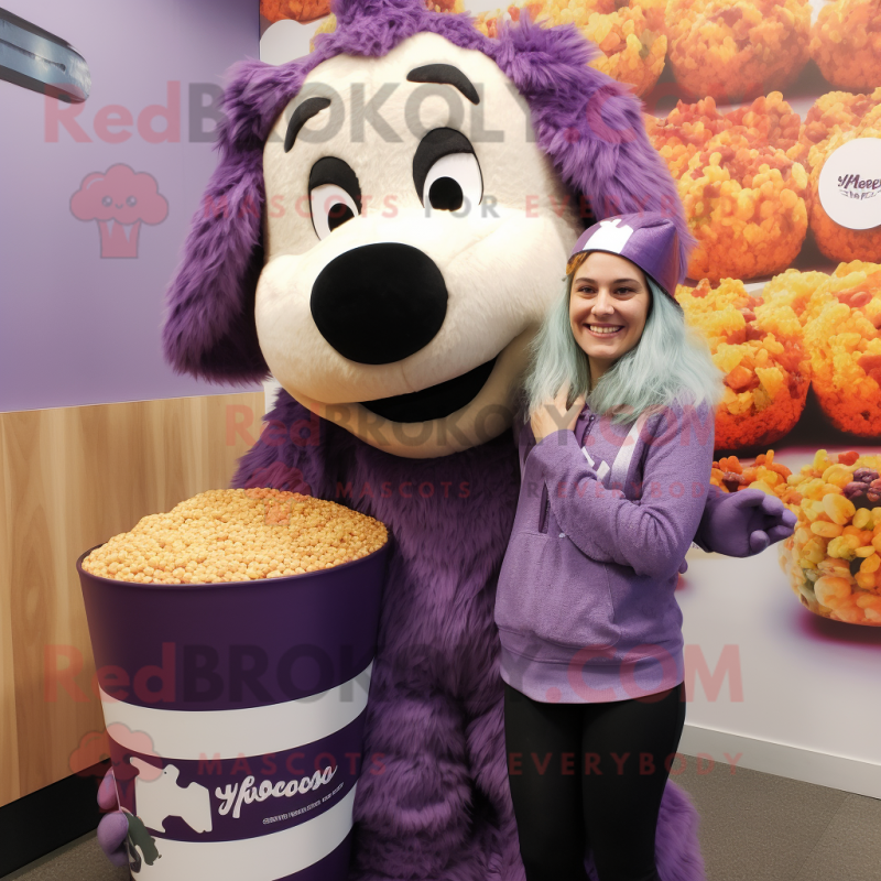 Purple Shepard'S Pie mascot costume character dressed with a Blouse and Beanies Purple Shepard'S Pie mascot costume character dressed with a Blouse and Beanies