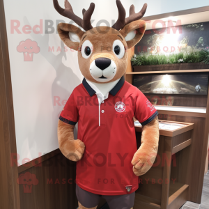 Red Deer mascot costume character dressed with a Henley Shirt and Brooches