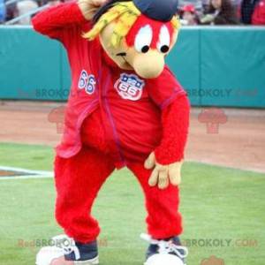 Mascotte de bonhomme rouge avec des cheveux colorés -