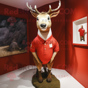 Red Deer mascot costume character dressed with a Henley Shirt and Brooches