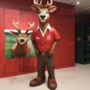 Red Deer mascot costume character dressed with a Henley Shirt and Brooches