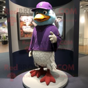 Purple Dove mascot costume character dressed with a Baseball Tee and Shawls