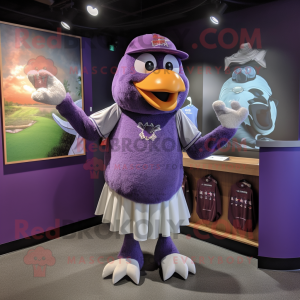 Purple Dove mascot costume character dressed with a Baseball Tee and Shawls