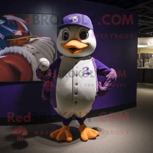 Purple Dove mascot costume character dressed with a Baseball Tee and Shawls