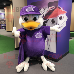 Purple Dove mascot costume character dressed with a Baseball Tee and Shawls
