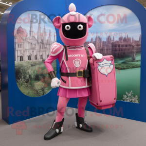 Pink British Royal Guard mascot costume character dressed with a Board Shorts and Backpacks