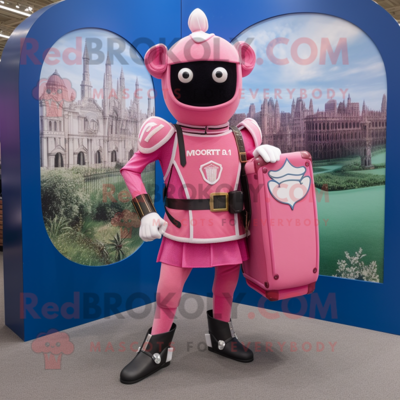 Pink British Royal Guard mascot costume character dressed with a Board Shorts and Backpacks Pink British Royal Guard mascot costume character dressed with a Board Shorts and Backpacks