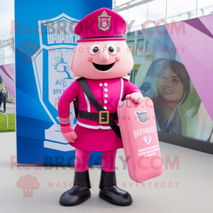 Pink British Royal Guard mascot costume character dressed with a Board Shorts and Backpacks