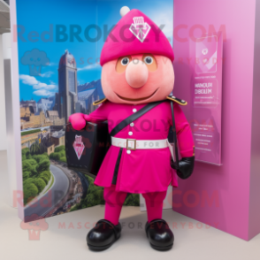 Pink British Royal Guard mascot costume character dressed with a Board Shorts and Backpacks