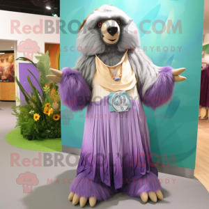 Lavender Sloth Bear mascot costume character dressed with a Maxi Skirt and Earrings