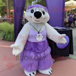 Lavender Sloth Bear mascot costume character dressed with a Maxi Skirt and Earrings