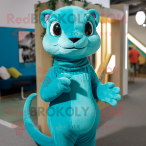 Cyan Weasel mascot costume character dressed with a Turtleneck and Clutch bags