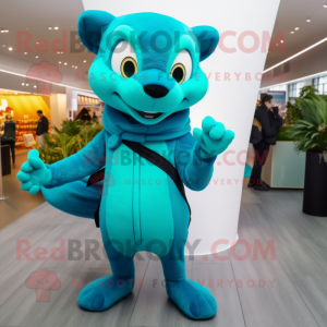 Cyan Weasel mascot costume character dressed with a Turtleneck and Clutch bags