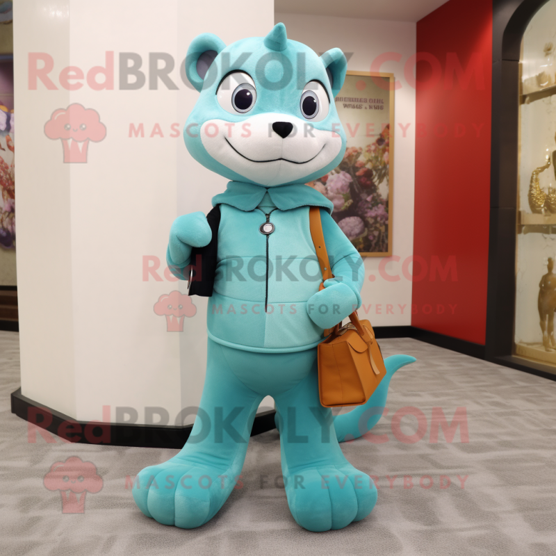 Cyan Weasel mascot costume character dressed with a Turtleneck and Clutch bags