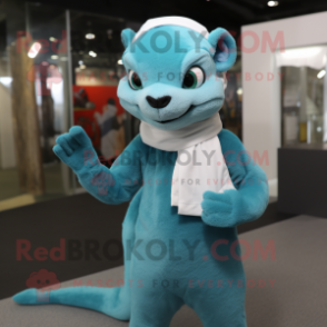 Cyan Weasel mascot costume character dressed with a Turtleneck and Clutch bags