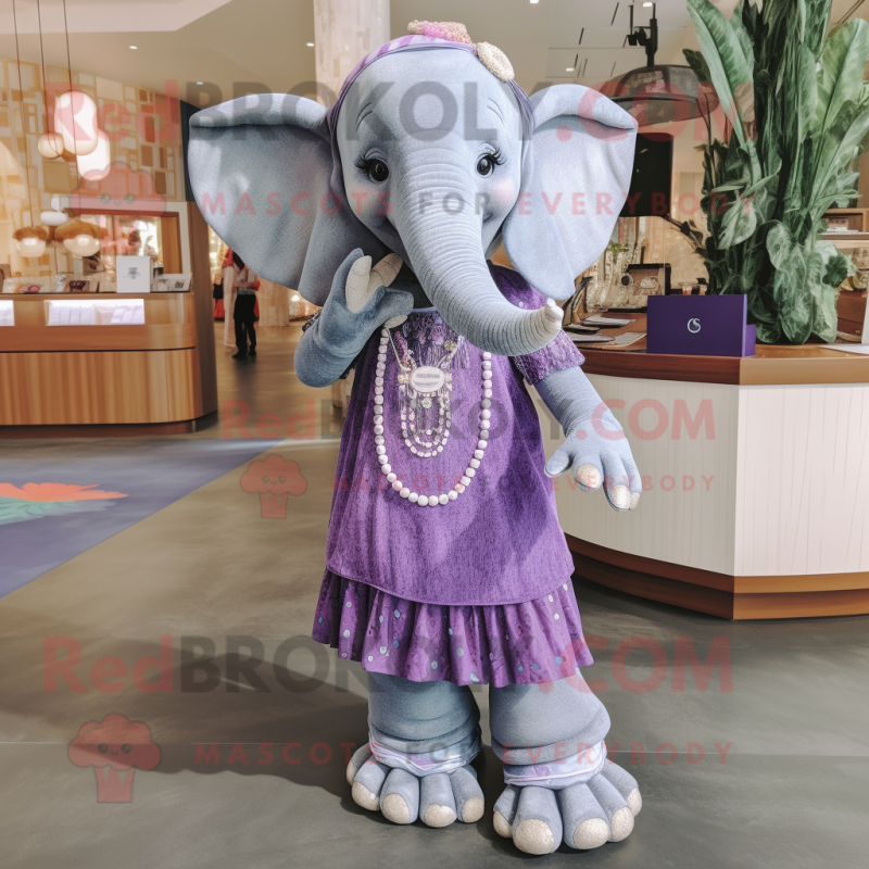 Lavender Elephant mascot costume character dressed with a Maxi Skirt and Necklaces