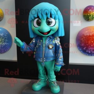 Turquoise Rainbow mascot costume character dressed with a Leather Jacket and Brooches