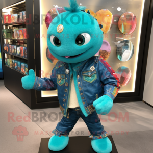Turquoise Rainbow mascot costume character dressed with a Leather Jacket and Brooches