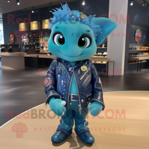 Turquoise Rainbow mascot costume character dressed with a Leather Jacket and Brooches