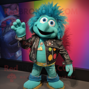 Turquoise Rainbow mascot costume character dressed with a Leather Jacket and Brooches