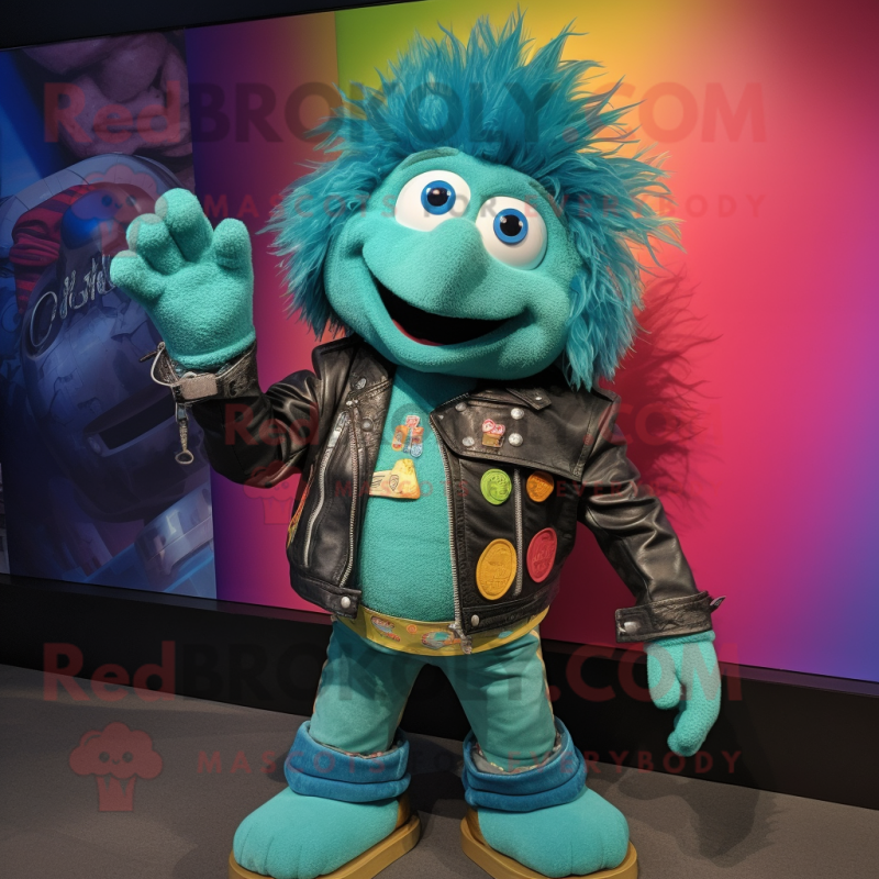 Turquoise Rainbow mascot costume character dressed with a Leather Jacket and Brooches Turquoise Rainbow mascot costume character dressed with a Leather Jacket and Brooches