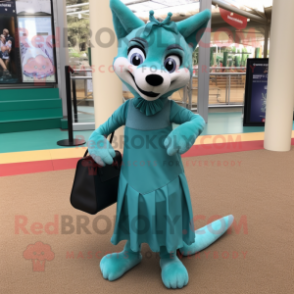 Teal Dingo mascot costume character dressed with a Pleated Skirt and Clutch bags