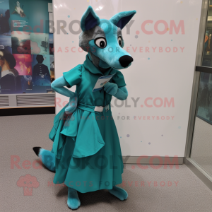 Teal Dingo mascot costume character dressed with a Pleated Skirt and Clutch bags