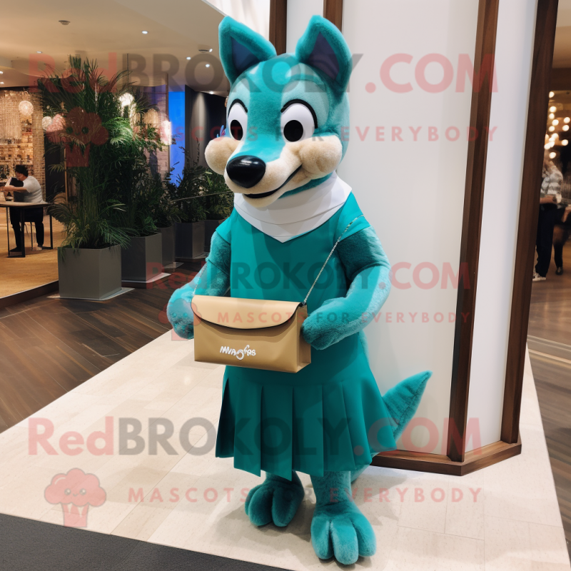 Teal Dingo mascot costume character dressed with a Pleated Skirt and Clutch bags