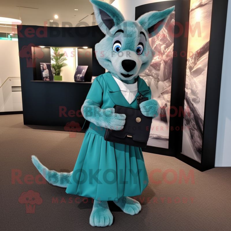 Teal Dingo mascot costume character dressed with a Pleated Skirt and Clutch bags