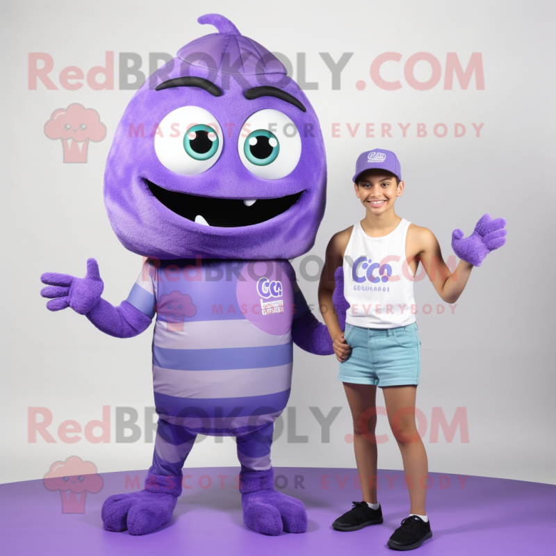 Lavender Ceviche mascot costume character dressed with a Tank Top and Belts
