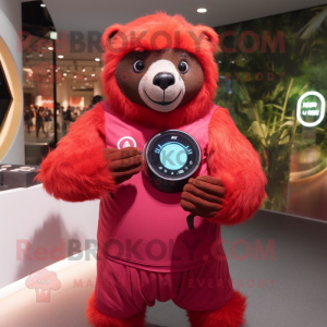 Red Sloth Bear mascot costume character dressed with a Rash Guard and Digital watches