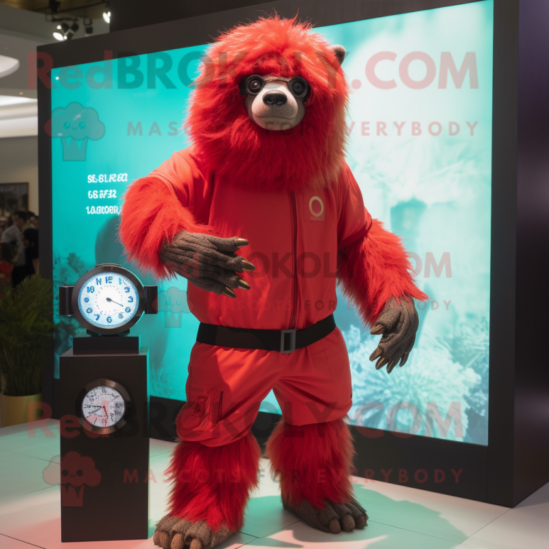 Red Sloth Bear mascot costume character dressed with a Rash Guard and Digital watches