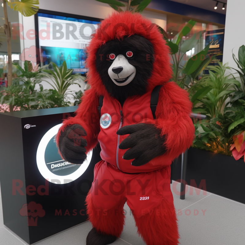 Red Sloth Bear mascot costume character dressed with a Rash Guard and Digital watches