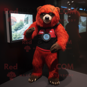 Red Sloth Bear mascot costume character dressed with a Rash Guard and Digital watches